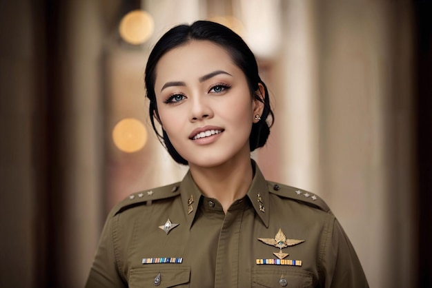 Foto einer asiatischen Frau in einer thailändischen Polizeifahreruniform