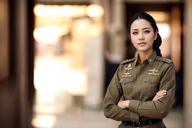 Foto einer asiatischen Frau in einer thailändischen Polizeifahreruniform