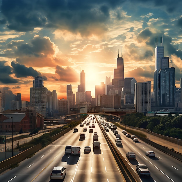 Foto einer Autobahn durch eine mittelgroße Stadt