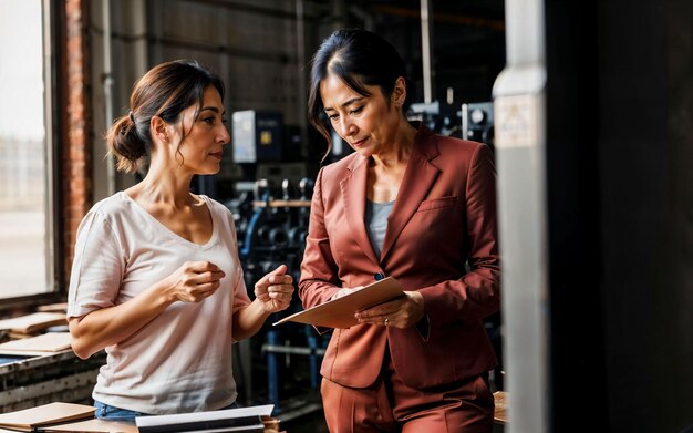 Foto einer berufstätigen Unternehmerin in einer Fabrik mit maschineller und generativer Arbeiter-KI