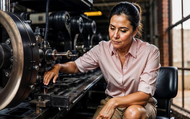 Foto einer berufstätigen Unternehmerin in einer Fabrik mit maschineller und generativer Arbeiter-KI