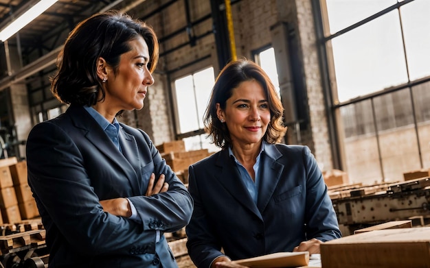 Foto einer berufstätigen Unternehmerin in einer Fabrik mit maschineller und generativer Arbeiter-KI