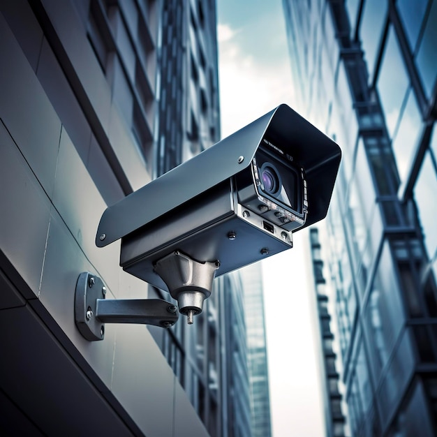 Foto einer Überwachungskamera mit Blick auf ein Gebäude