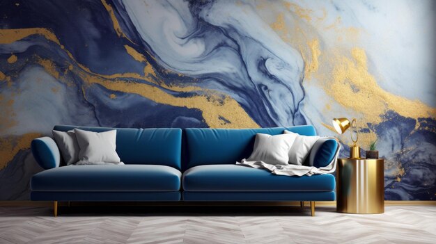 Foto einer blauen Couch gegen eine atemberaubende blaue und goldene Wand