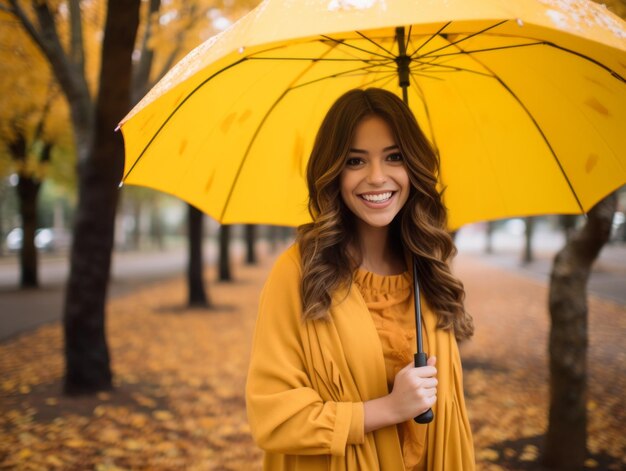 Foto einer brasilianischen Frau in emotionaler dynamischer Pose im Herbst