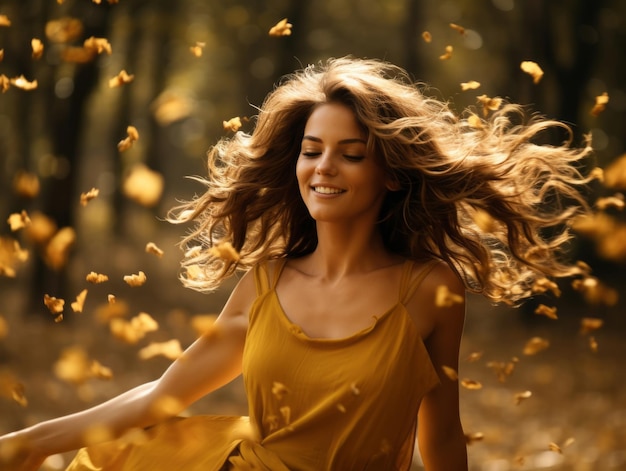 Foto einer brasilianischen Frau in emotionaler dynamischer Pose im Herbst