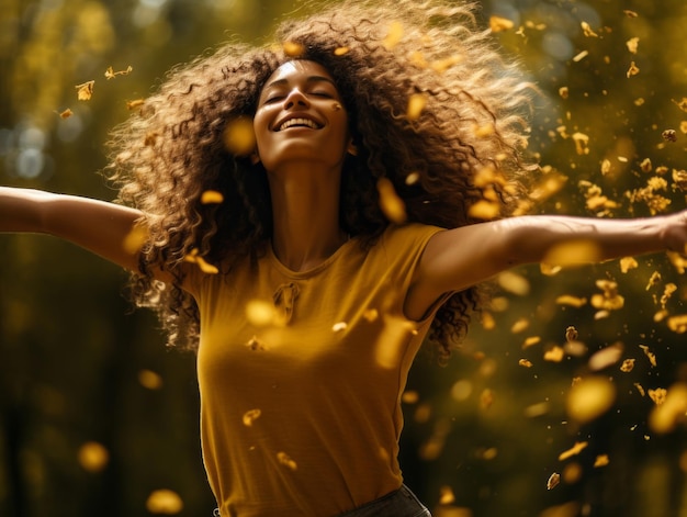 Foto einer brasilianischen Frau in emotionaler dynamischer Pose im Herbst