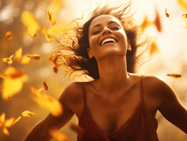 Foto einer brasilianischen Frau in emotionaler dynamischer Pose im Herbst