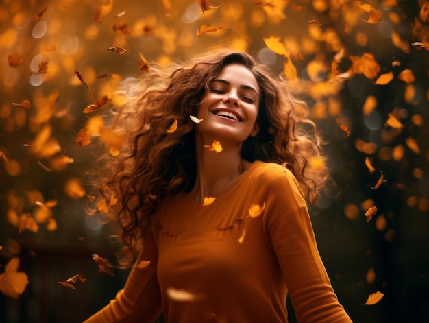 Foto einer brasilianischen Frau in emotionaler dynamischer Pose im Herbst