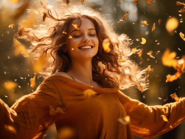 Foto einer brasilianischen Frau in emotionaler dynamischer Pose im Herbst