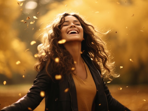 Foto einer brasilianischen Frau in emotionaler dynamischer Pose im Herbst