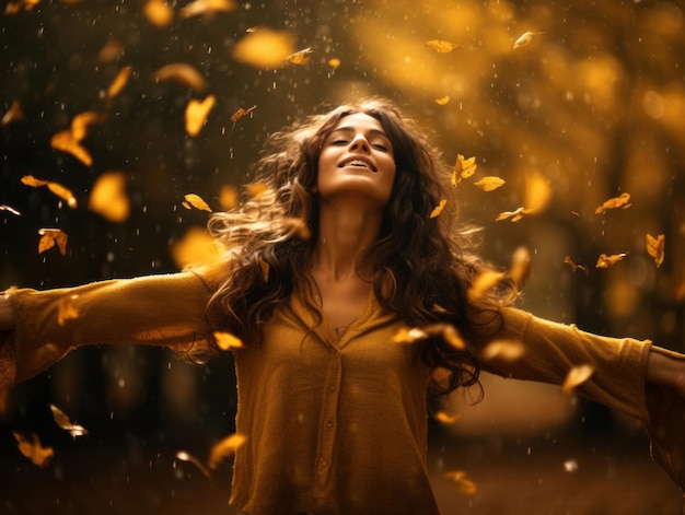 Foto einer brasilianischen Frau in emotionaler dynamischer Pose im Herbst