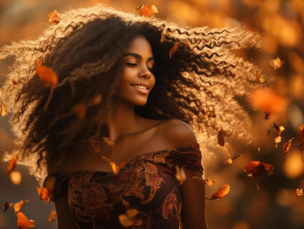 Foto einer brasilianischen Frau in emotionaler dynamischer Pose im Herbst