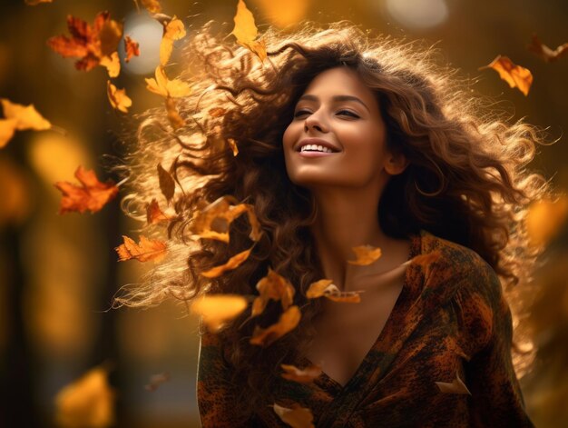 Foto einer brasilianischen Frau in emotionaler dynamischer Pose im Herbst