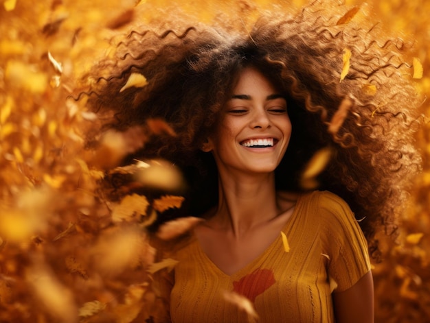 Foto einer brasilianischen Frau in emotionaler dynamischer Pose im Herbst