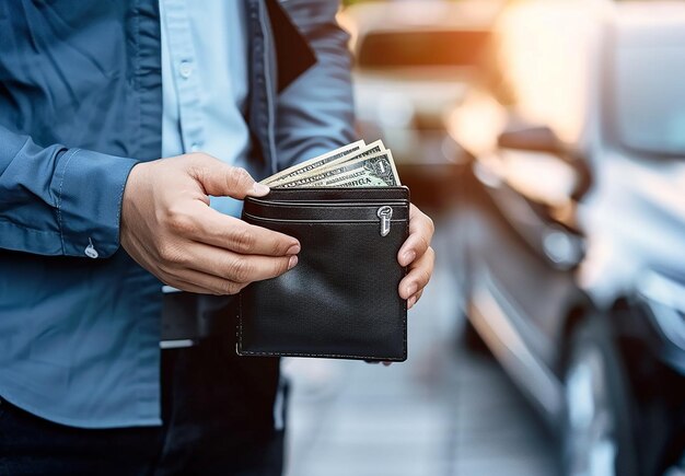 Foto einer Brieftasche mit einem Stapel Geld Dollar Währung Geld Leihgeld Vorauszahlung