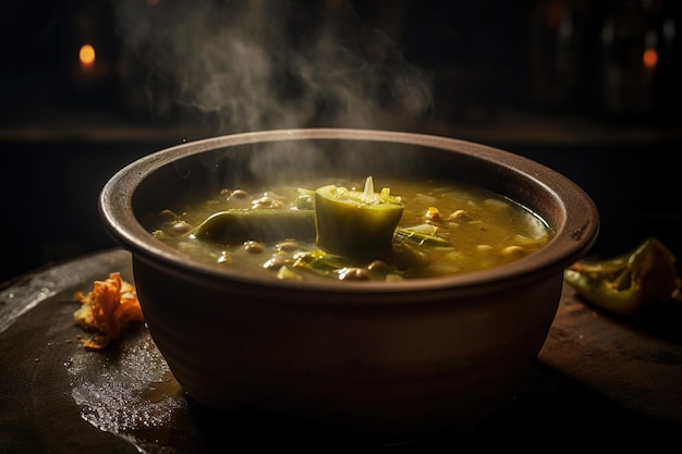 Foto einer dampfenden Schüssel mit dampfenden grünen Chilis auf dunklem Hintergrund