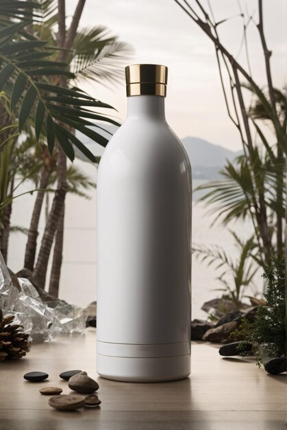 Foto einer eleganten Luxus-Getränkeflasche mit minimalistischem Naturhintergrund, leeres Etikett, geeignet für Modell