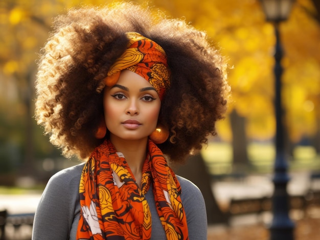 Foto einer emotional dynamischen Pose einer Afrikanerin im Herbst