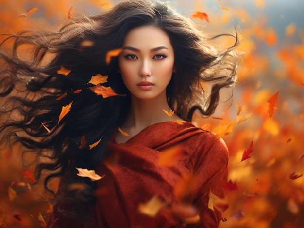 Foto einer emotional dynamischen Pose einer asiatischen Frau im Herbst