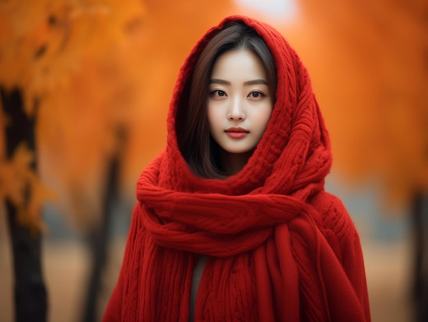 Foto einer emotional dynamischen Pose einer asiatischen Frau im Herbst