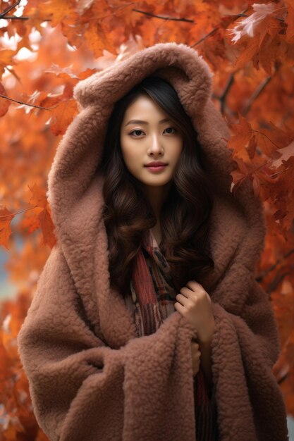 Foto einer emotional dynamischen Pose einer asiatischen Frau im Herbst