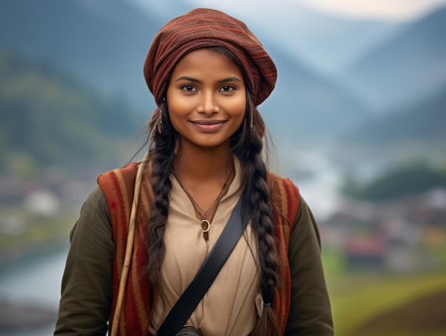 Foto einer emotional dynamischen Pose einer indischen Frau auf herbstlichem Hintergrund