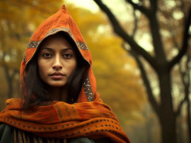 Foto einer emotional dynamischen Pose einer indischen Frau auf herbstlichem Hintergrund