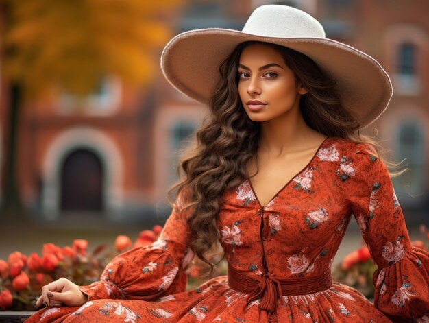 Foto einer emotional dynamischen Pose einer Mexikanerin im Herbst