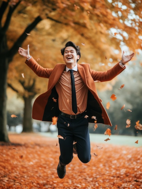 Foto einer emotional dynamischen Pose eines asiatischen Mannes im Herbst