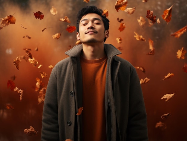 Foto einer emotional dynamischen Pose eines asiatischen Mannes im Herbst