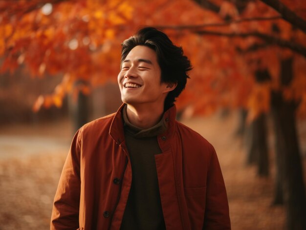 Foto einer emotional dynamischen Pose eines asiatischen Mannes im Herbst