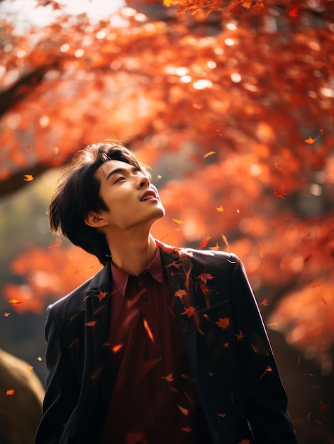 Foto einer emotional dynamischen Pose eines asiatischen Mannes im Herbst