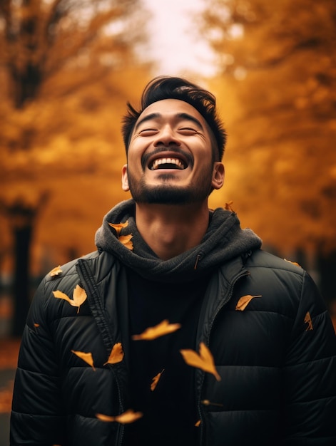 Foto einer emotional dynamischen Pose eines asiatischen Mannes im Herbst