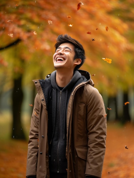 Foto einer emotional dynamischen Pose eines asiatischen Mannes im Herbst