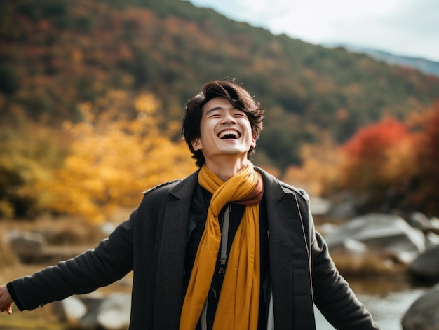 Foto einer emotional dynamischen Pose eines asiatischen Mannes im Herbst