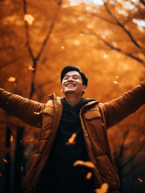 Foto einer emotional dynamischen Pose eines asiatischen Mannes im Herbst