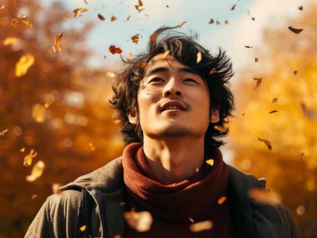 Foto einer emotional dynamischen Pose eines asiatischen Mannes im Herbst