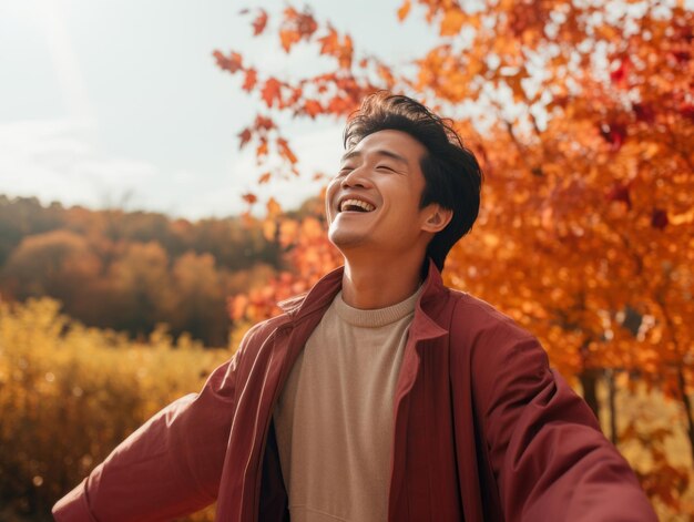 Foto einer emotional dynamischen Pose eines asiatischen Mannes im Herbst