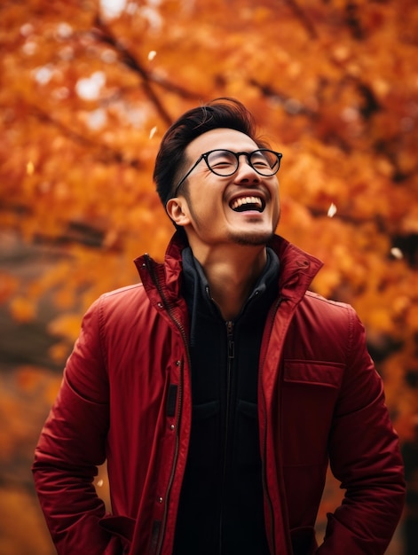 Foto einer emotional dynamischen Pose eines asiatischen Mannes im Herbst