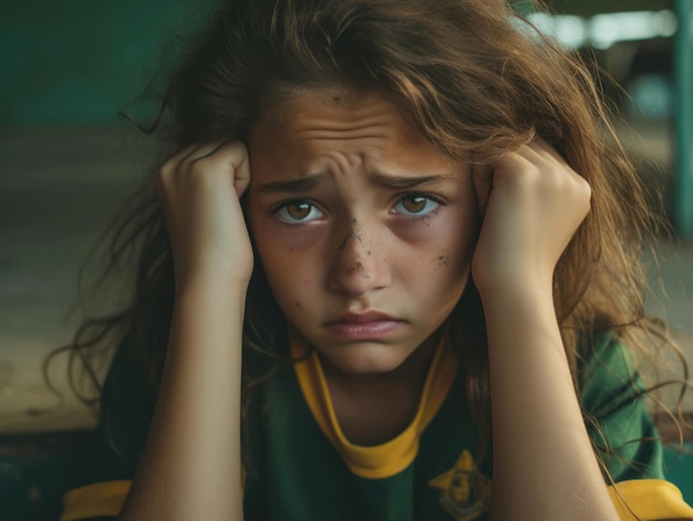 Foto einer emotional dynamischen Pose eines brasilianischen Kindes in der Schule