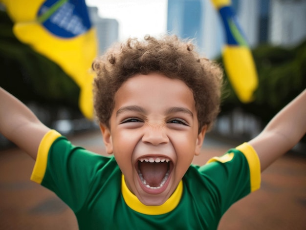 Foto einer emotional dynamischen Pose eines brasilianischen Kindes in der Schule