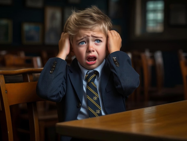 Foto einer emotional dynamischen Pose eines europäischen Kindes in der Schule