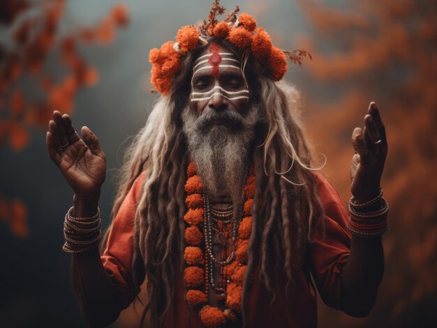 Foto einer emotional dynamischen Pose eines indischen Mannes auf herbstlichem Hintergrund