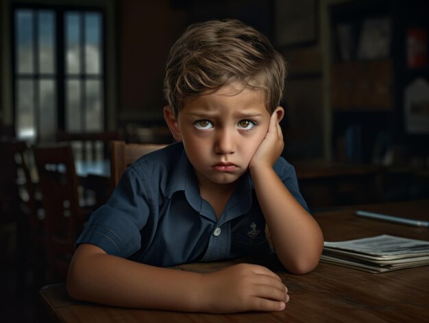 Foto einer emotional dynamischen Pose eines mexikanischen Kindes in der Schule