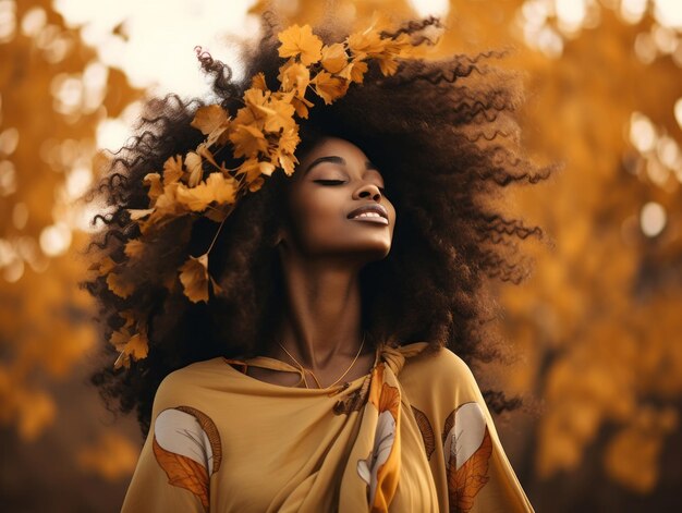 Foto einer emotionalen dynamischen Pose afrikanischer Frau im Herbst