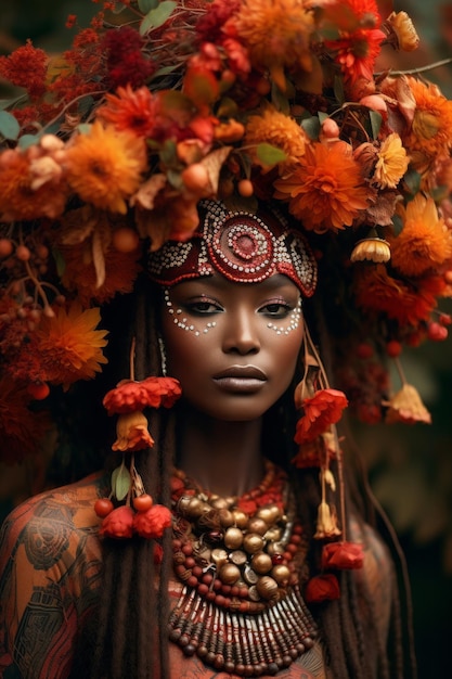 Foto einer emotionalen dynamischen Pose afrikanischer Frau im Herbst