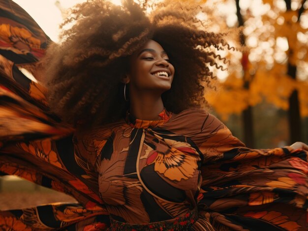 Foto einer emotionalen dynamischen Pose afrikanischer Frau im Herbst