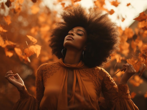 Foto einer emotionalen dynamischen Pose afrikanischer Frau im Herbst