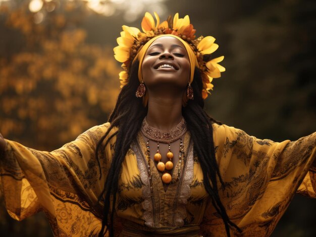 Foto einer emotionalen dynamischen Pose afrikanischer Frau im Herbst